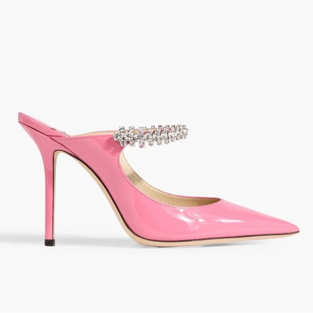 Jimmy Choo Bing 100 Shiny Patent Leather Crystal Stiletto Heels Bubble Pink - Picture 14 of 16